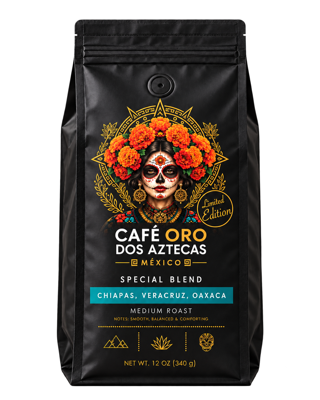 A 12 oz black bag of Café Dos Aztecas Coffee Roasters 'Café Oro' Special Blend, featuring a Day of the Dead (Dia de los Muertos) style illustration of a woman with orange marigolds and sugar skull makeup, on a white background.