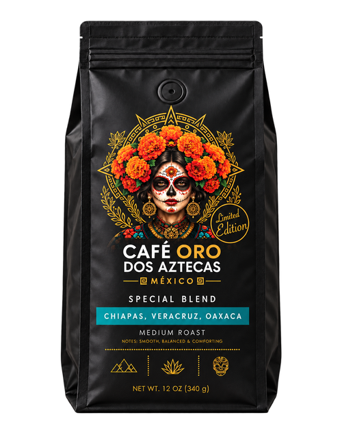 A 12 oz black bag of Café Dos Aztecas Coffee Roasters 'Café Oro' Special Blend, featuring a Day of the Dead (Dia de los Muertos) style illustration of a woman with orange marigolds and sugar skull makeup, on a white background.